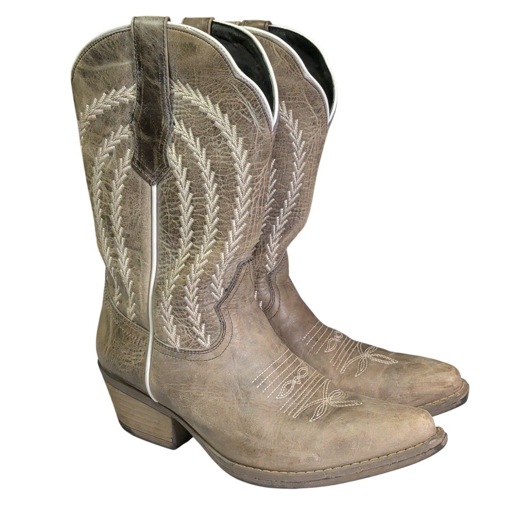 Sterling River Boots Womens Size 8 Western Country Girl Gray Leather Whip Stitch